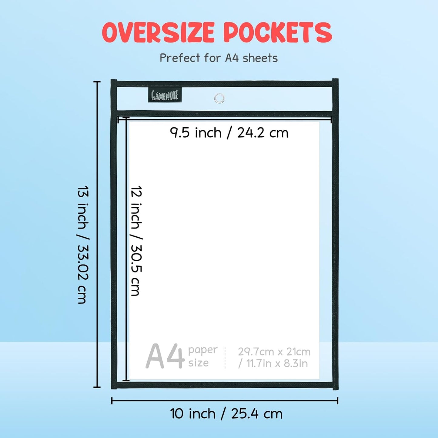 Gamenote Dry Erase Pockets 30 Pack with Rings, Oversized Reusable Plastic Sleeves Shop Ticket Holders Sheet Protectors Teacher Supplies Organization for Classroom Must Have (Black)