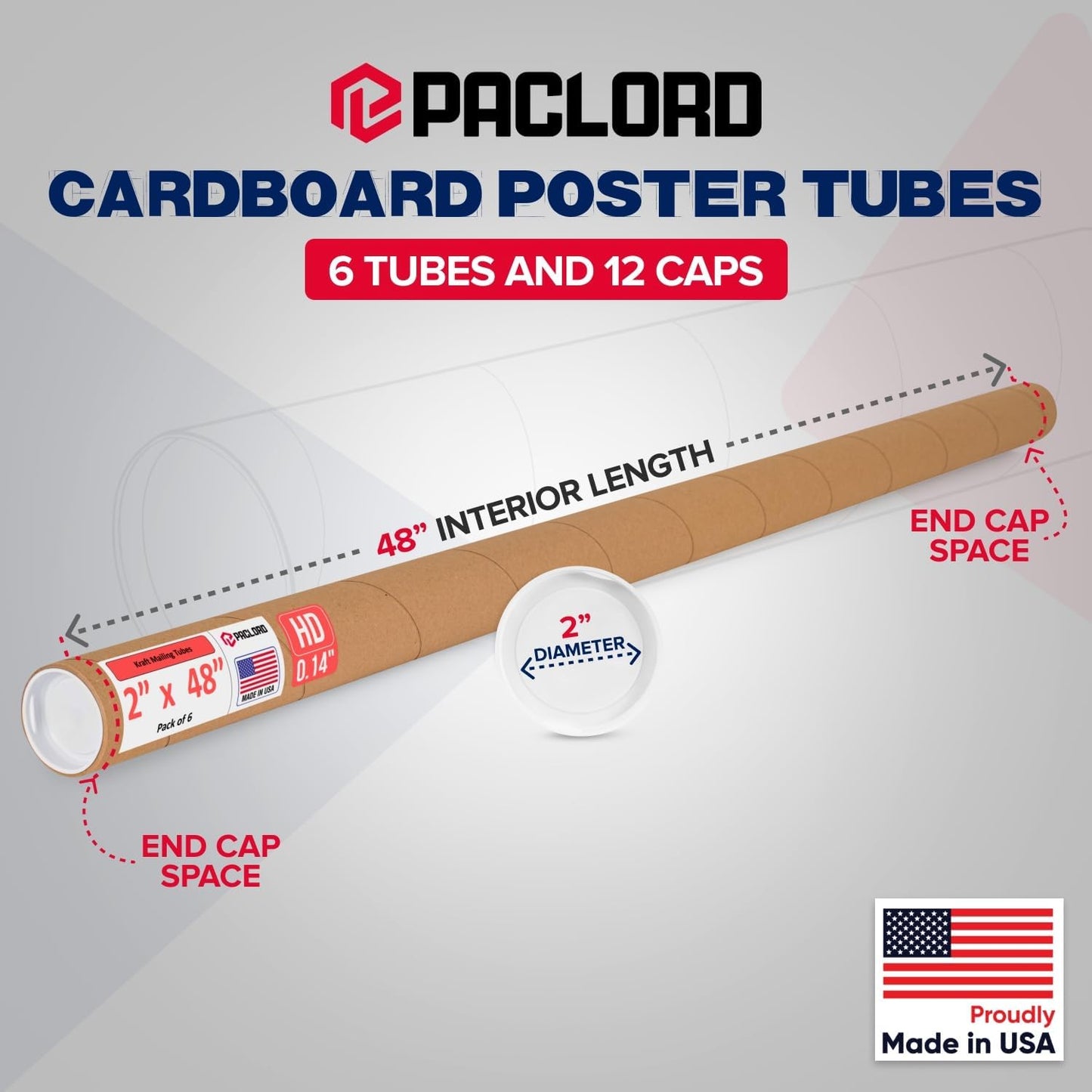 2" x 48" Heavy-Duty Reinforced Cardboard Mailing Tube, Pack of 6 Tubes with 12 Caps – Secure USPS Approved – Great for Shipping and Storing of Prints, Artwork, Posters or Documents
