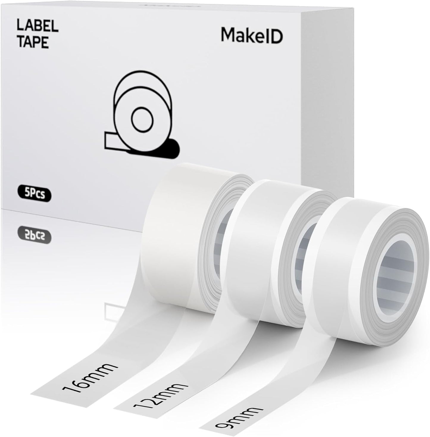 MakeID E1 Q1 Label Maker Tape Refills, 3-Roll 9/12/16mm Continuous Consumables Thermal Laminated Office Labeling Tape Replacement