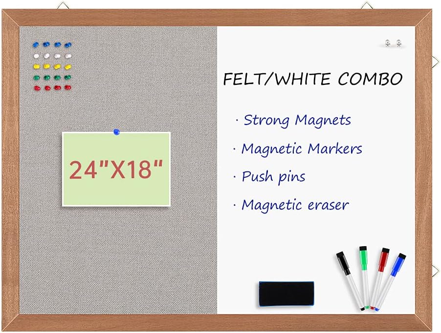 Grey Felt Bulletin/Dry Erase White Combo Board, 24" X 18“ Combination Whiteboard/Bulletin Board, Pin Board with Natural Wood Frame…