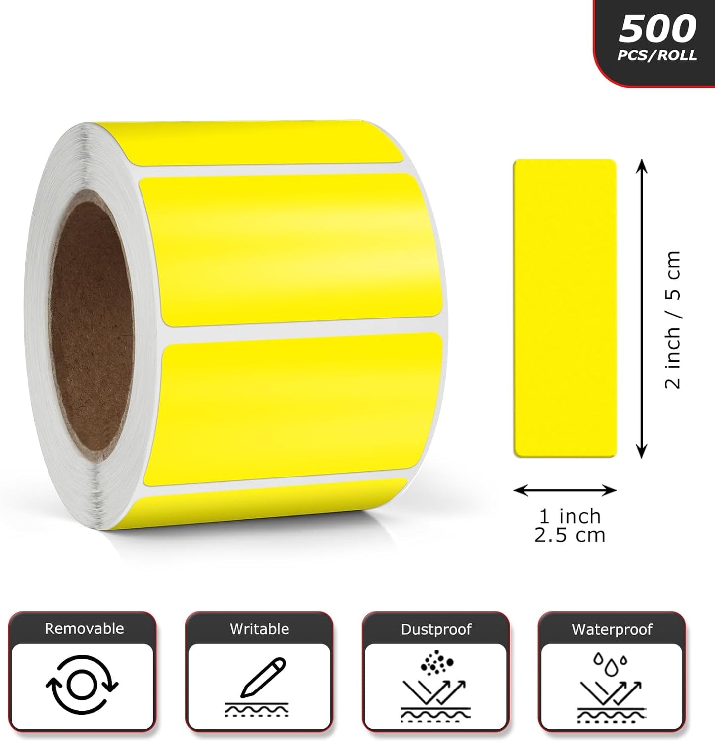Yellow Rectangle Stickers 2 x 1 Inch Color Coding Labels Vinyl Roll Self-Adhesive Waterproof Removable 500 PCS
