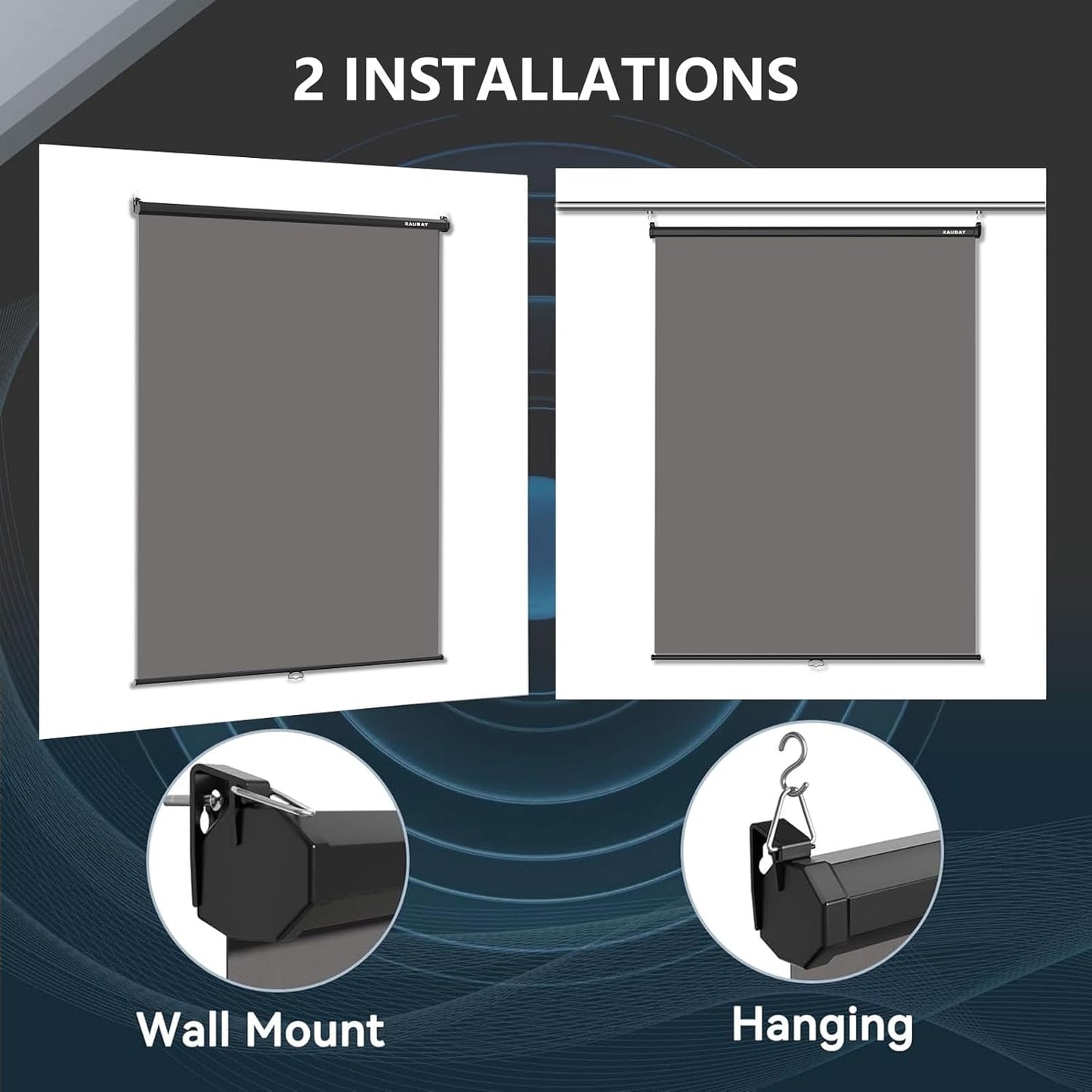RAUBAY Retractable Pull Down Grey Screen Backdrop - 59.8" x 86.6" Collapsible Wall-Mount Background for Professional Video Production, Photography, TikTok and Video Conferencing