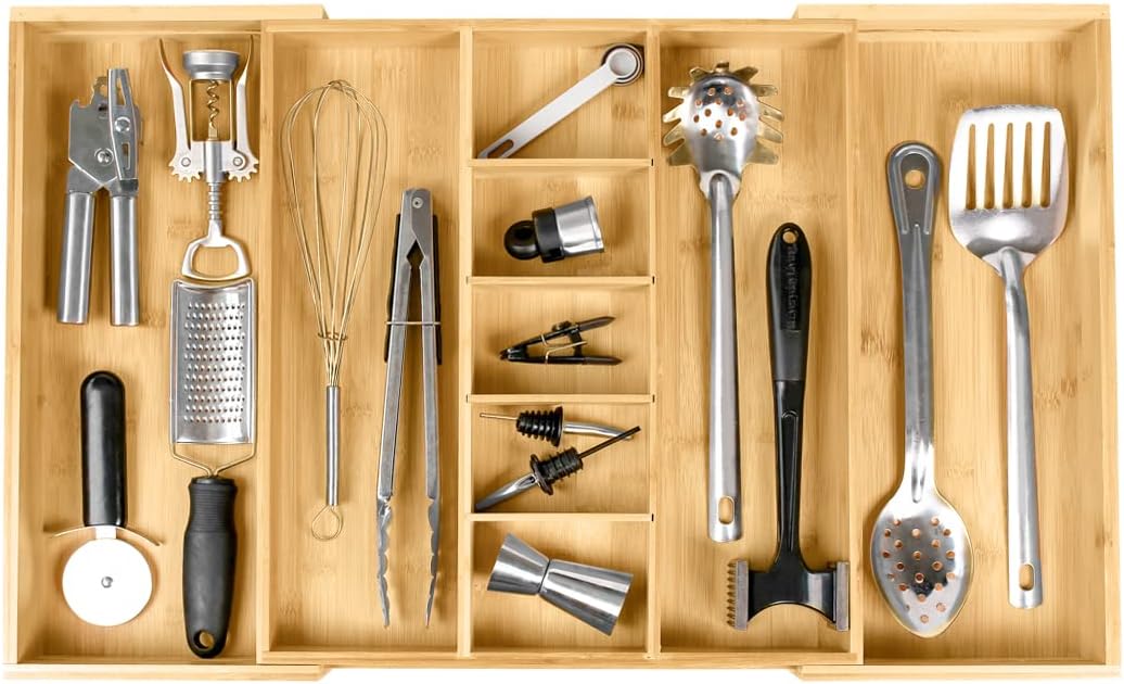 Adjustable Kitchen Drawer Organizer for Utensils and Junk, Food-Safe Contract Grade with 100% Sustainable Wood, Expandable from 16 to 28 Inches Wide - Natural Bamboo