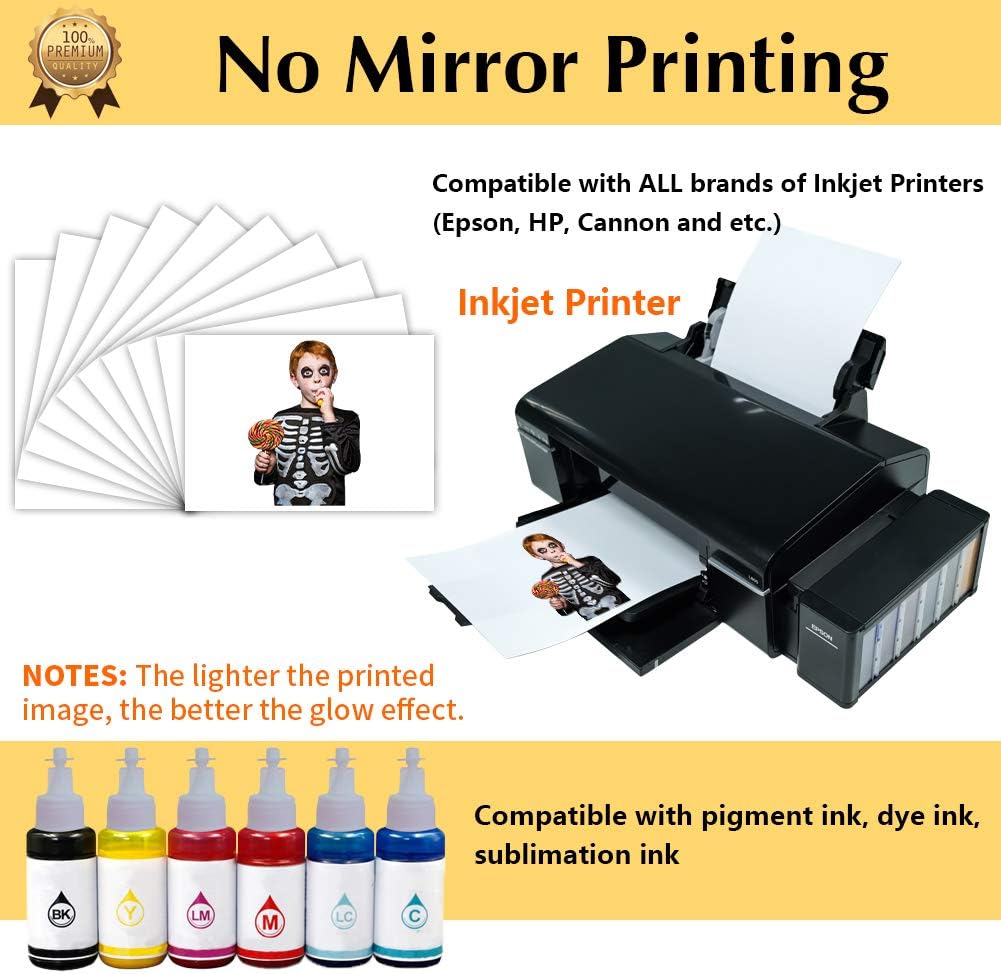 TransOurDream Heat Transfer Paper for Dark T Shirts (10 Sheets, 8.5x11'') GLOW IN THE DARK Iron on Transfers Paper Printable Heat Transfer Vinyl for Inkjet Printer
