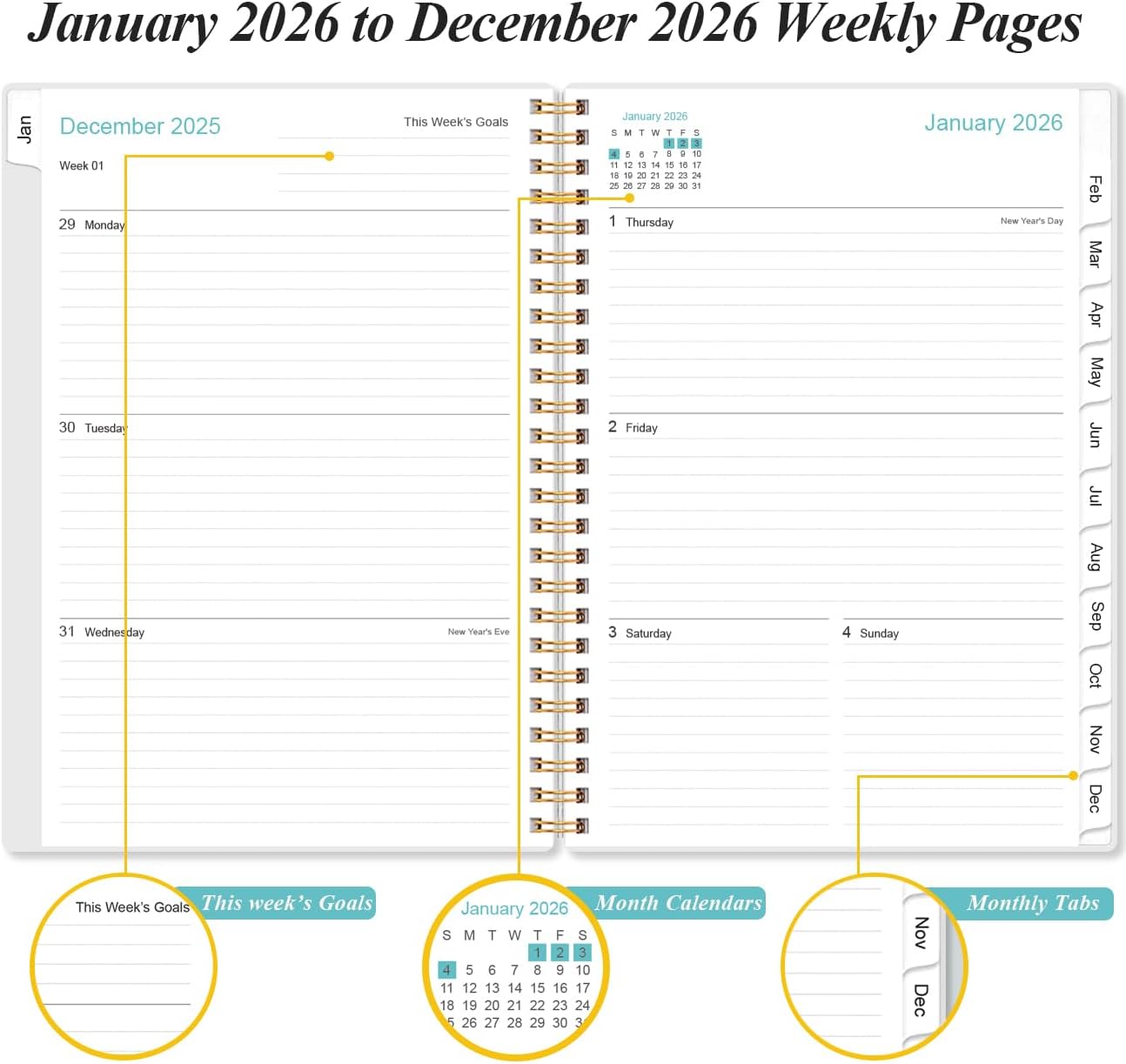 2026 Planner - Planner 2026 from January 2026 - December 2026, Weekly & Monthly Planner Spiral Bound with 12 Monthly Tabs, Inner Pocket, 6.4" x 8.5", Christmas Tree