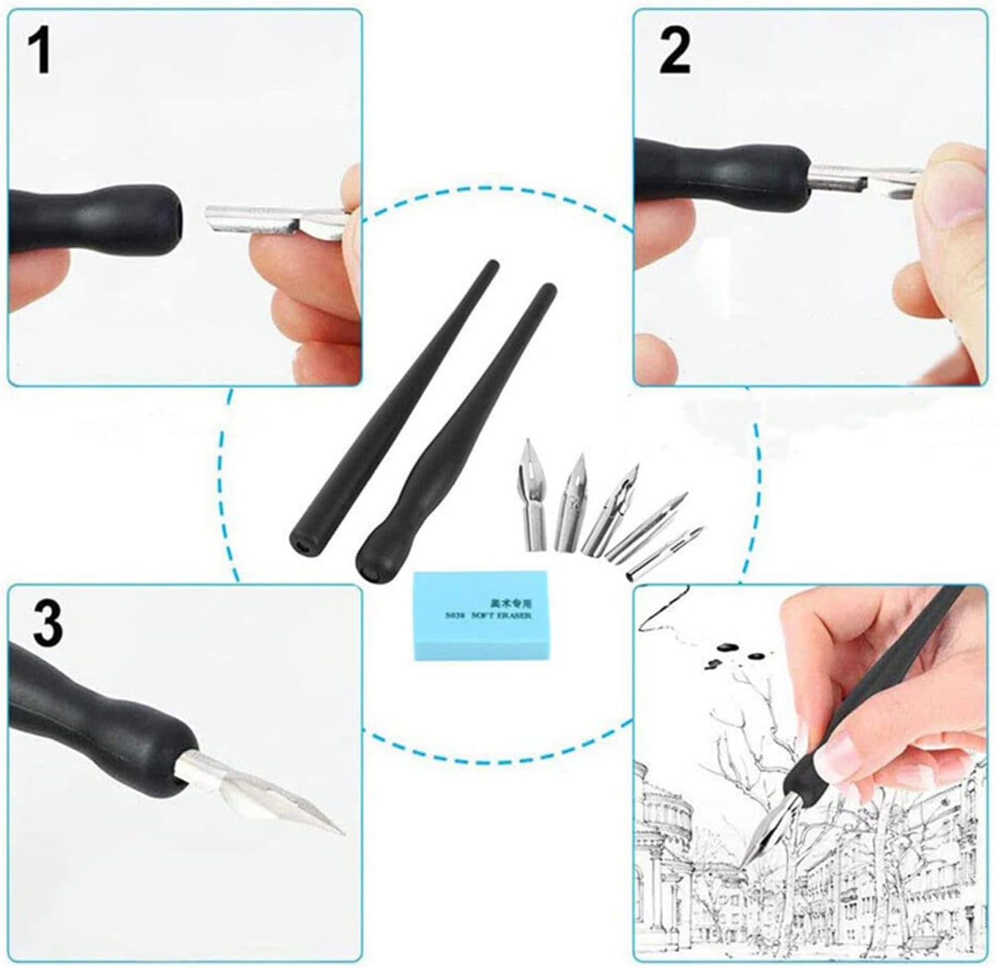 Manga Pen Cartoon Comic Pen Nib Drawing Tools Comic Dip Pen Set with 2 Black Pen Holders 5 Nibs 1 Drawing Eraser