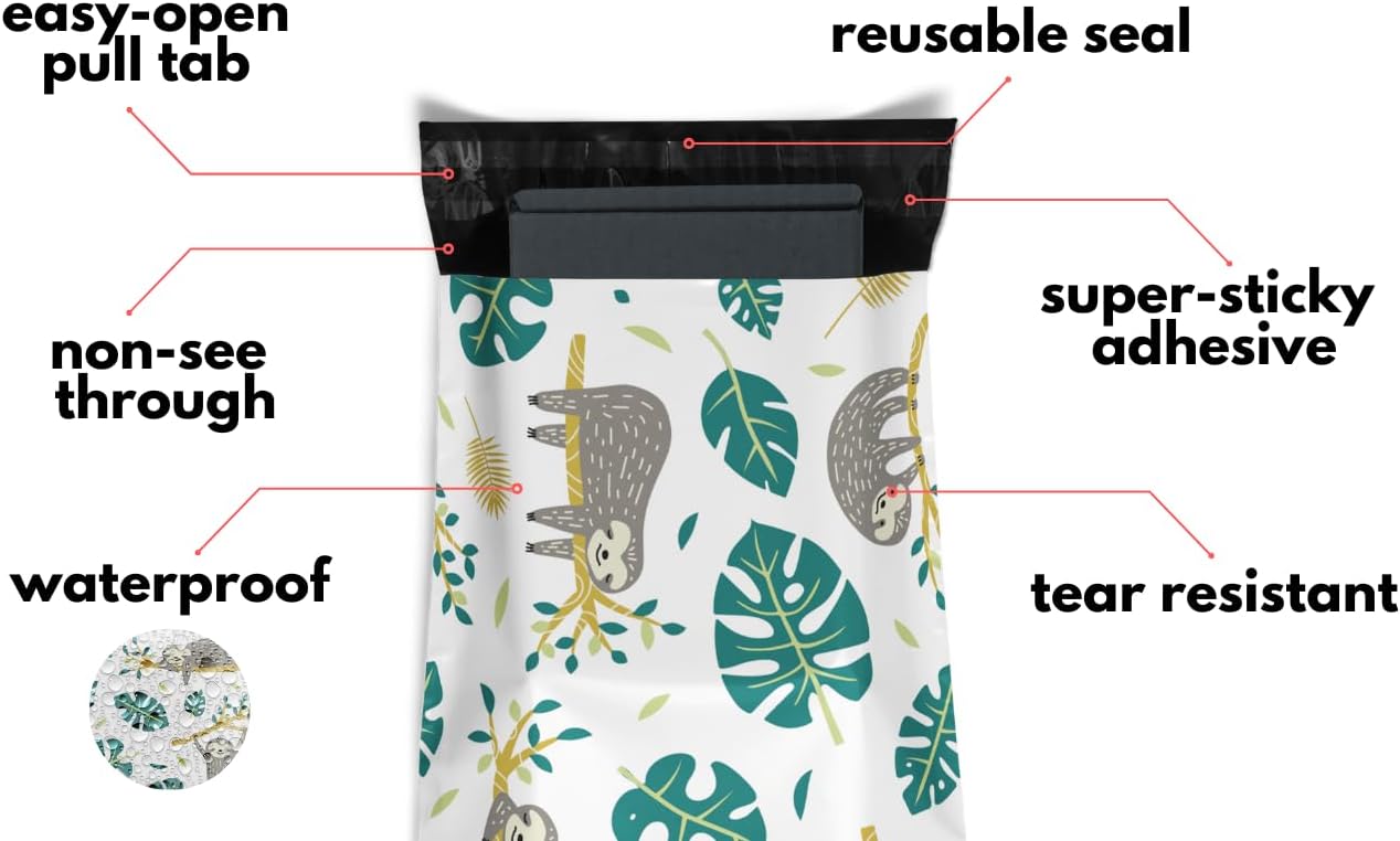 Poly Mailers 10x13 100 Pack | Self-Sealing Shipping Bags Envelopes for Small Business | Waterproof Durable Packaging | Sloth | Palm Green Animal Floral | à la mode Mailers