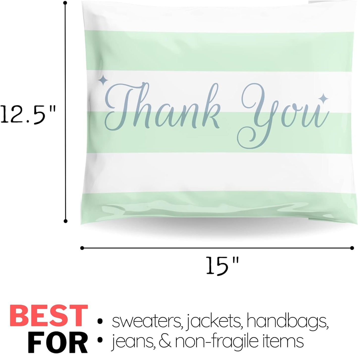 Poly Mailers 12.5x15 50 Pack | Self-Sealing Shipping Bags Envelopes for Small Business | Waterproof Durable Packaging | Thank You | Green Stripes | à la mode Mailers