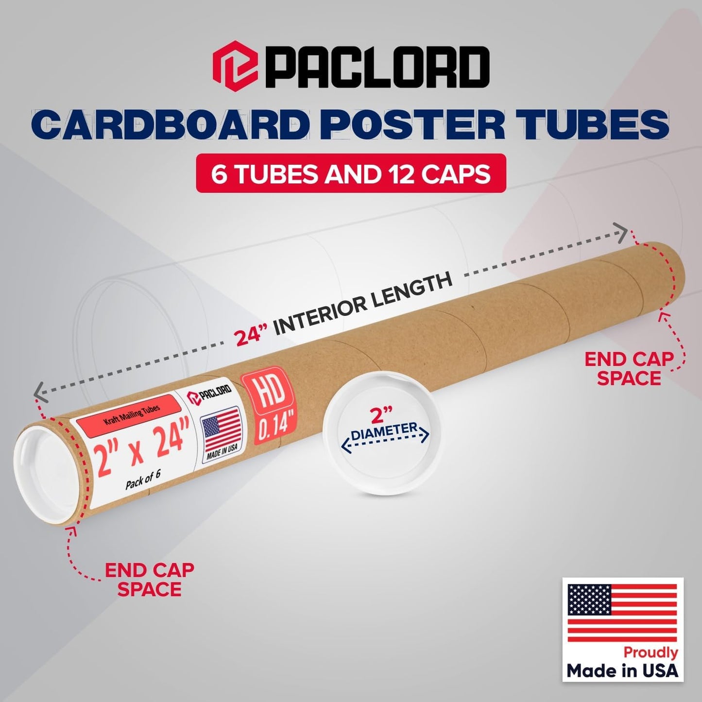 2" x 24" Heavy-Duty Reinforced Cardboard Mailing Tube, Pack of 6 Tubes with 12 Caps – Secure USPS Approved – Great for Shipping and Storing of Prints, Artwork, Posters or Documents