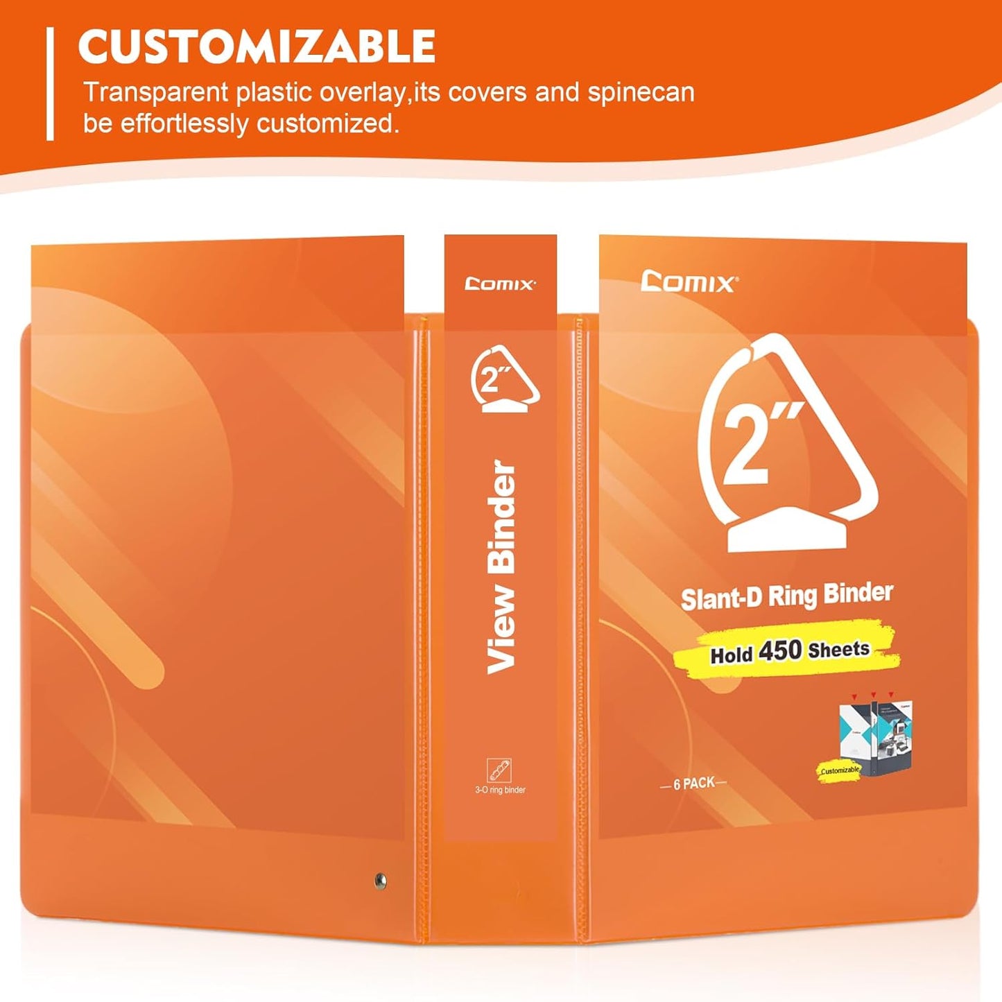 COMIX Sturdy 3 Ring Binder 2 inch with Clear View Cover, 2" Slant-D Ring View Binder Holds 500 Sheets of US Letter Size Paper, 6 Pack (Orange)