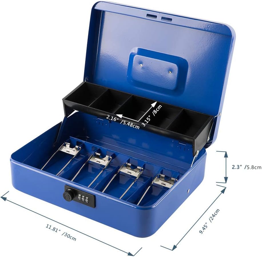 KYODOLED Large Cash Box with Combination Lock,Money Box with Cash Tray, Lock Safe Box with Key,Money Saving Organizer,11.81Lx 9.45Wx 3.54H Inches,Blue XL Large