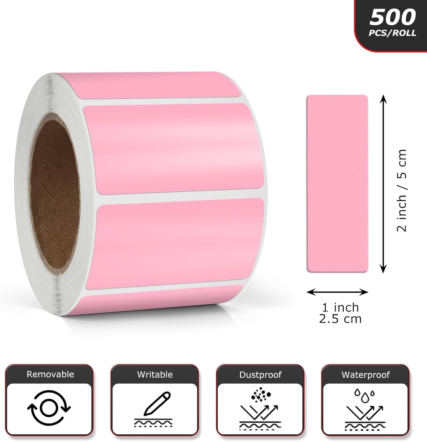 Pink Rectangle Stickers 2 x 1 Inch Color Coding Labels Vinyl Roll Self-Adhesive Waterproof Removable 500 PCS