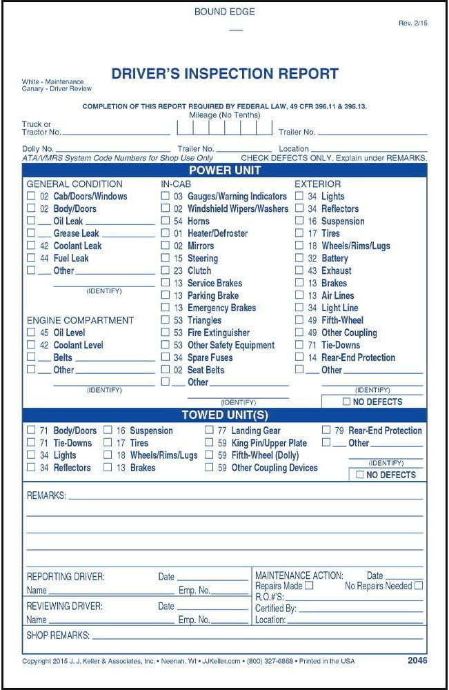 Driver's Vehicle Inspection Report, Carbonless 2-Ply, Book Format with 31 Sets, 5.5" x 8.5", 25 Pack, J. J. Keller & Associates, Inc.