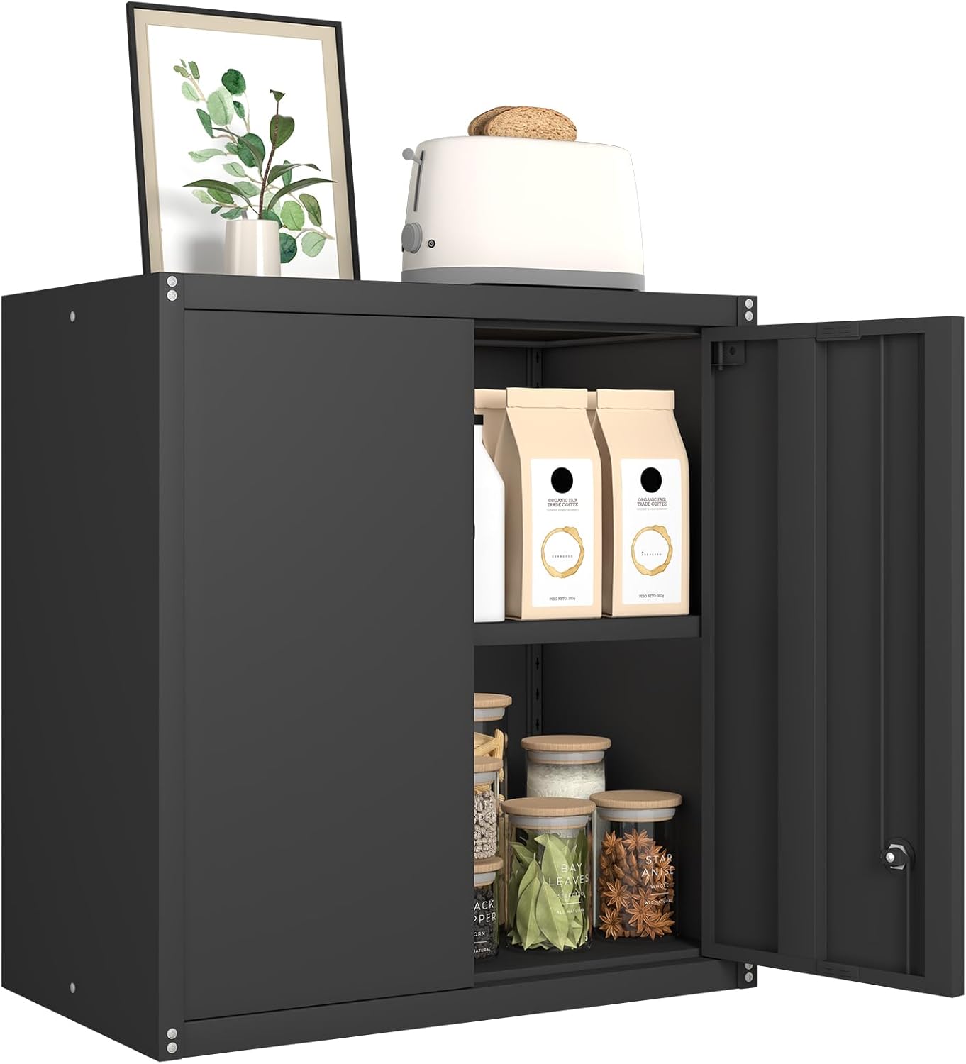 GREATMEET Metal Garage Storage Cabinet with Lock, Metal Wall Cabinets for Garage, Wall Mount Cabinet, Upper Cabinets Wall Mounted, Utility Cabinet with Adjustable Shelf, Black