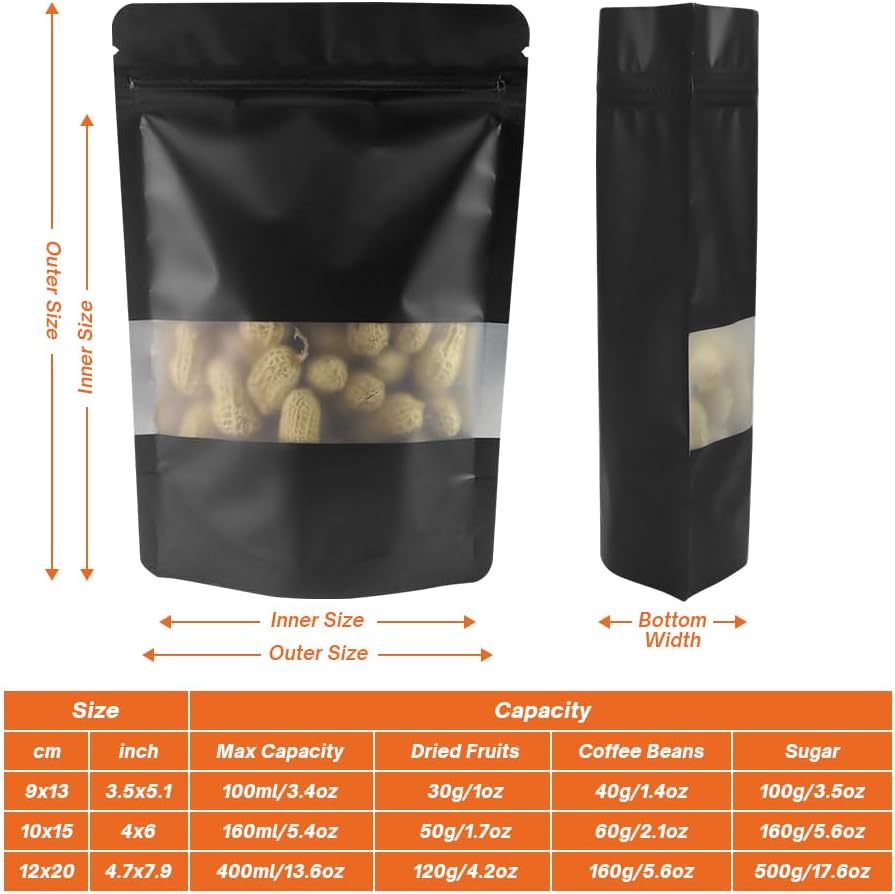 4CP 100 Pcs Black Zipper Smell Proof Bags with Window, 3.5x5.0 Inch Stand Up Foil Pouches for Food Selfsealing Storage, Reusable Bag for Packaging Small Business, Cookies, Nunt, Candy