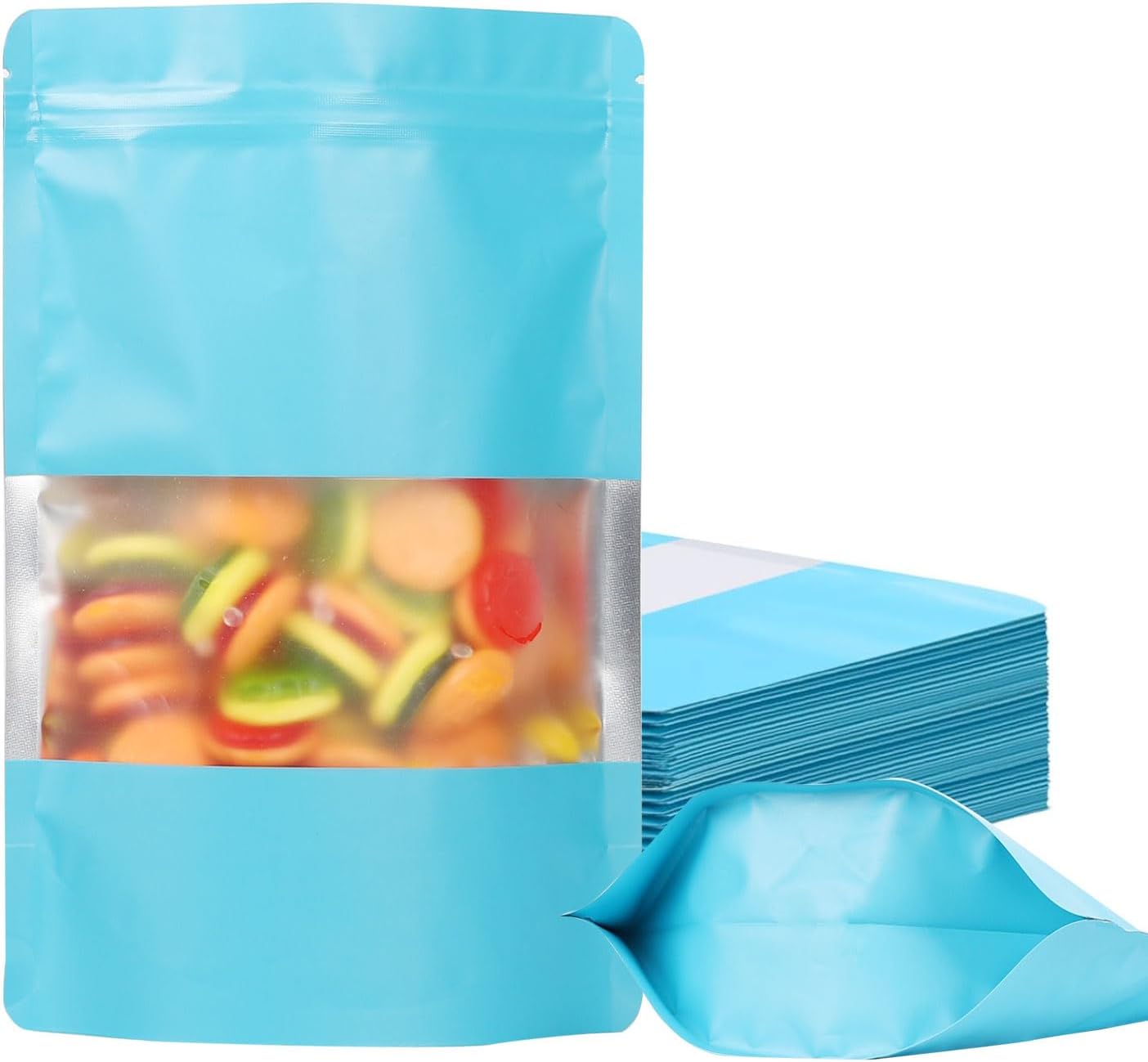 100 Pack Smell Proof Bags, Resealable Mylar Bags with Matte Window, Foil Pouch Stand-up Bags for Food Self Sealing Storage, Scratch Resistant Hand Storage Bags.(Blue, 6.3×9.4 Inch)