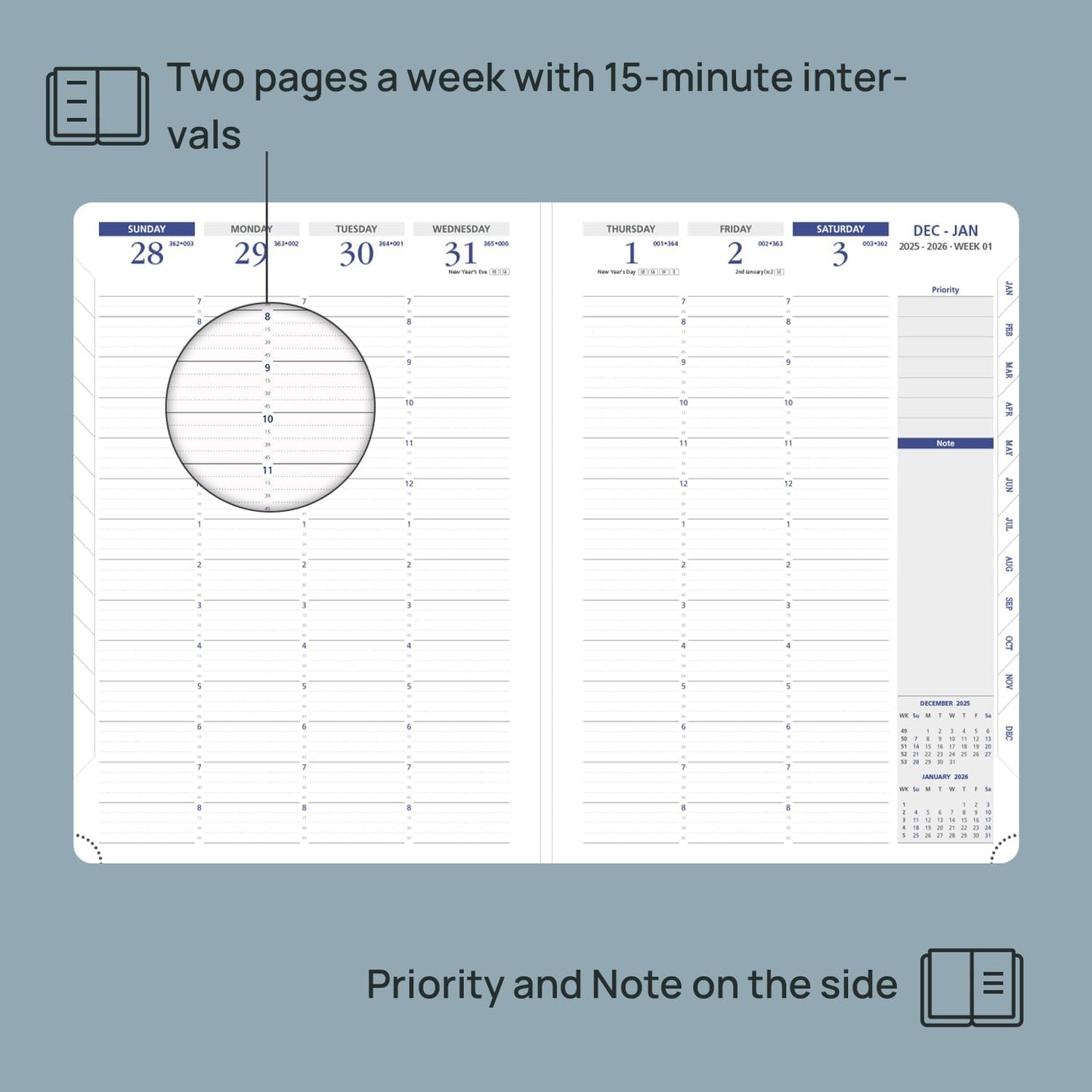 POPRUN 2026 Weekly Planner (A4 Size-8.25'' x 11.75''), 15-Minute Appointment Book (Jan 2026-Dec 2026) with Monthly Tabs, Inner Pockets, Pen Holder, PU Leather Softcover, 100GSM - Black