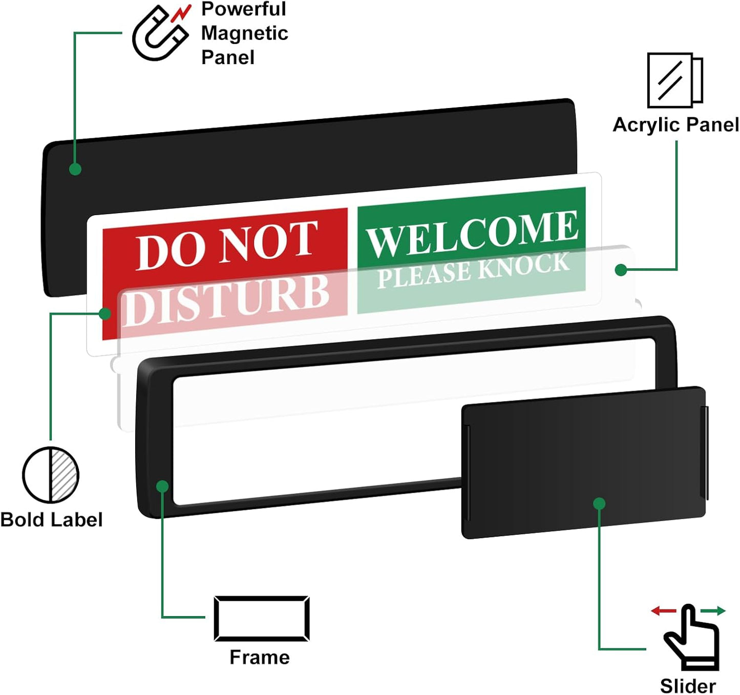 Privacy Door Sign - Do Not Disturb/Welcome Office Decor Sign with Clear Bold & Colored Text, Non-Scratch Magnetic Slider for Home Office Restroom Conference Hospital Hotel- Black
