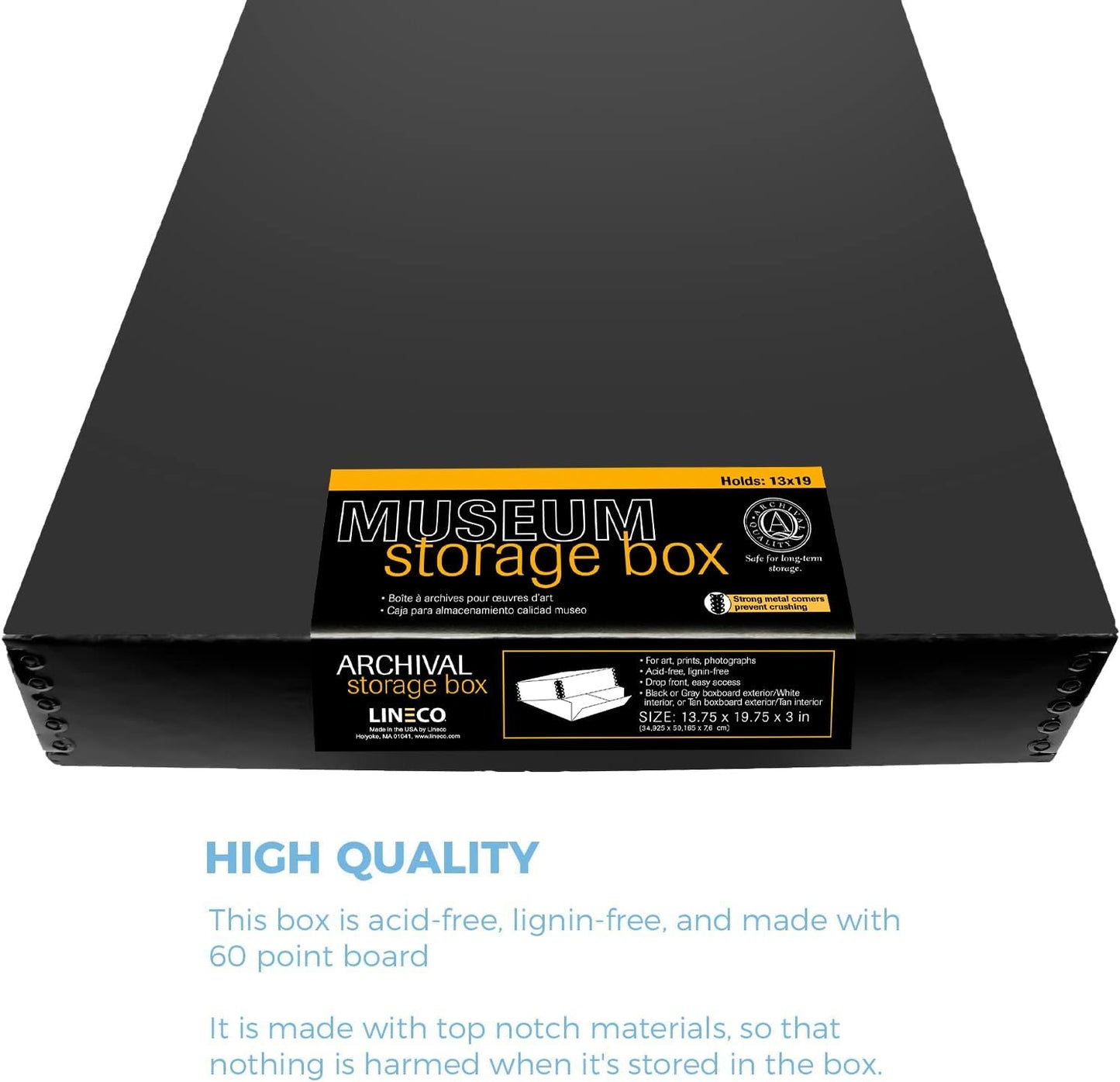 Lineco 13x19 Black Museum Storage Box, Removable Lid and Drop Front Design, 13.5 x 19.5 x 3 in Archival with Metal Edge, For Picture Longevity, Photos, Document, Crafts, Paper Art Print