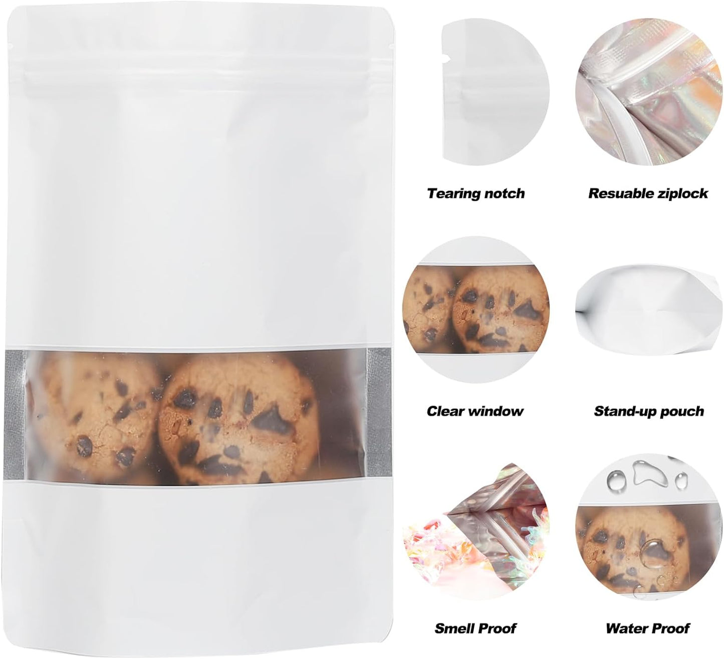 100 Pack Smell Proof Bags, Resealable Mylar Bags with Matte Window, Foil Pouch Stand-up Bags for Food Self Sealing Storage, Scratch Resistant Hand Storage Bags. (White, 5.9×8.6 Inch)