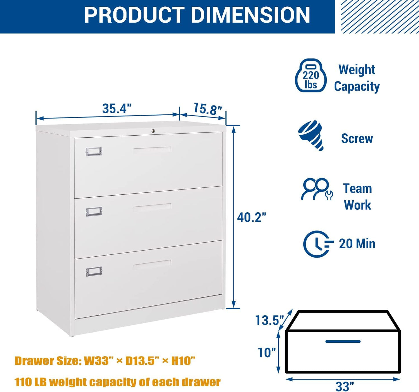 Lateral File Cabinet with Lock, 3 Drawer Large Metal Filing Cabinet,Home Office Lockable Storage Cabinet for Hanging Files Letter/Legal/F4/A4 Size-Assembly Required