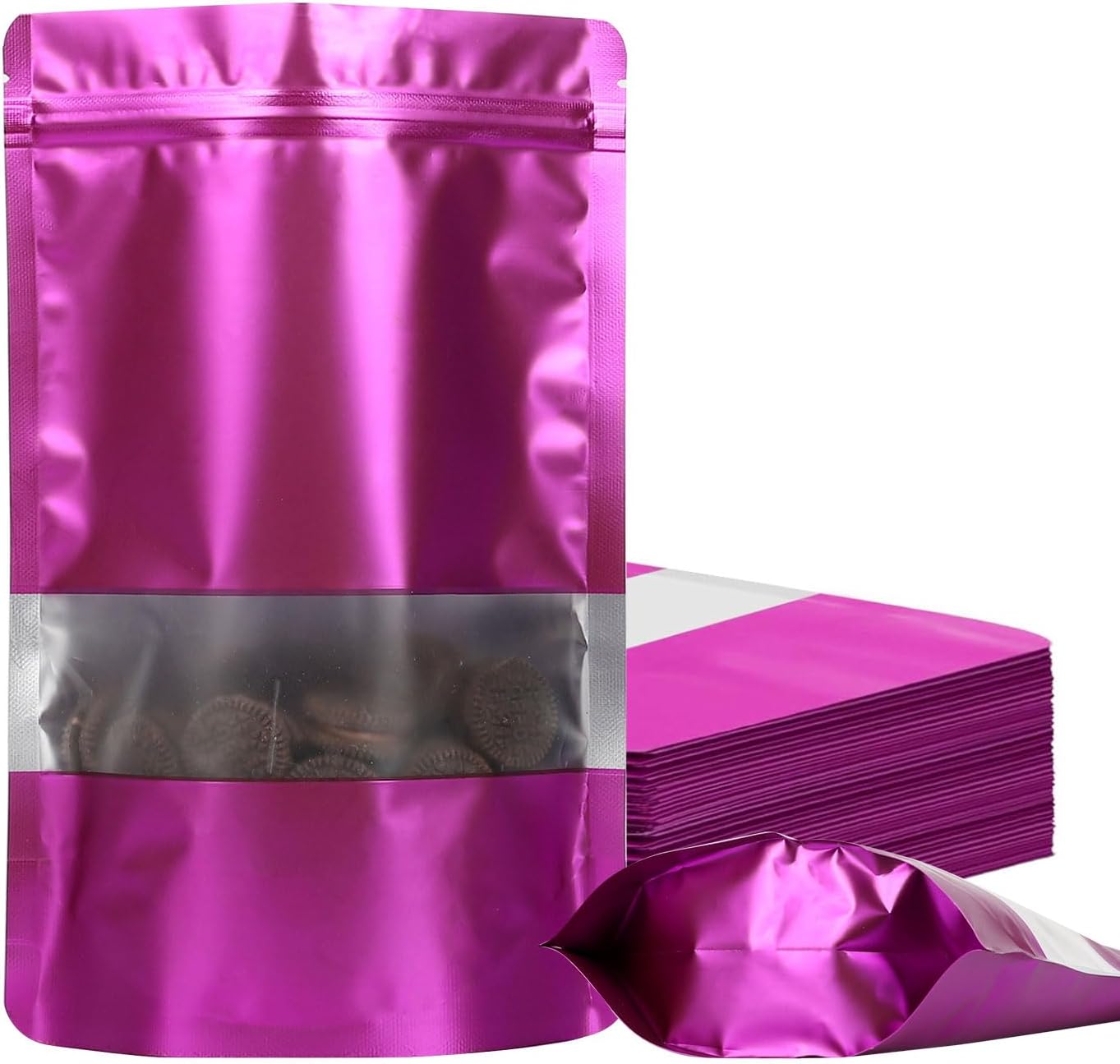 100 Pack Smell Proof Bags, Resealable Mylar Bags with Matte Window, Foil Pouch Stand-up Bags for Food Self Sealing Storage, Scratch Resistant Hand Storage Bags.(Purple, 5.5×7.9 Inch)