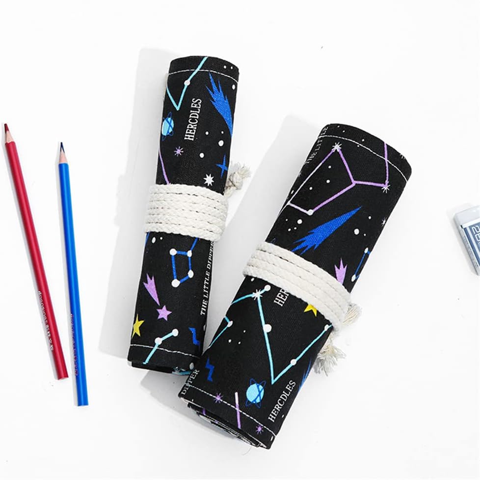 DIYOMR 24/36/72 Slots Pencil Wrap Pencil Rolls, Artist Colored Pencils Roll Up Bag Short Brushes Pouch Case Pencils Organizer for Drawing Coloring and Sketching (Constellation, 72slots)