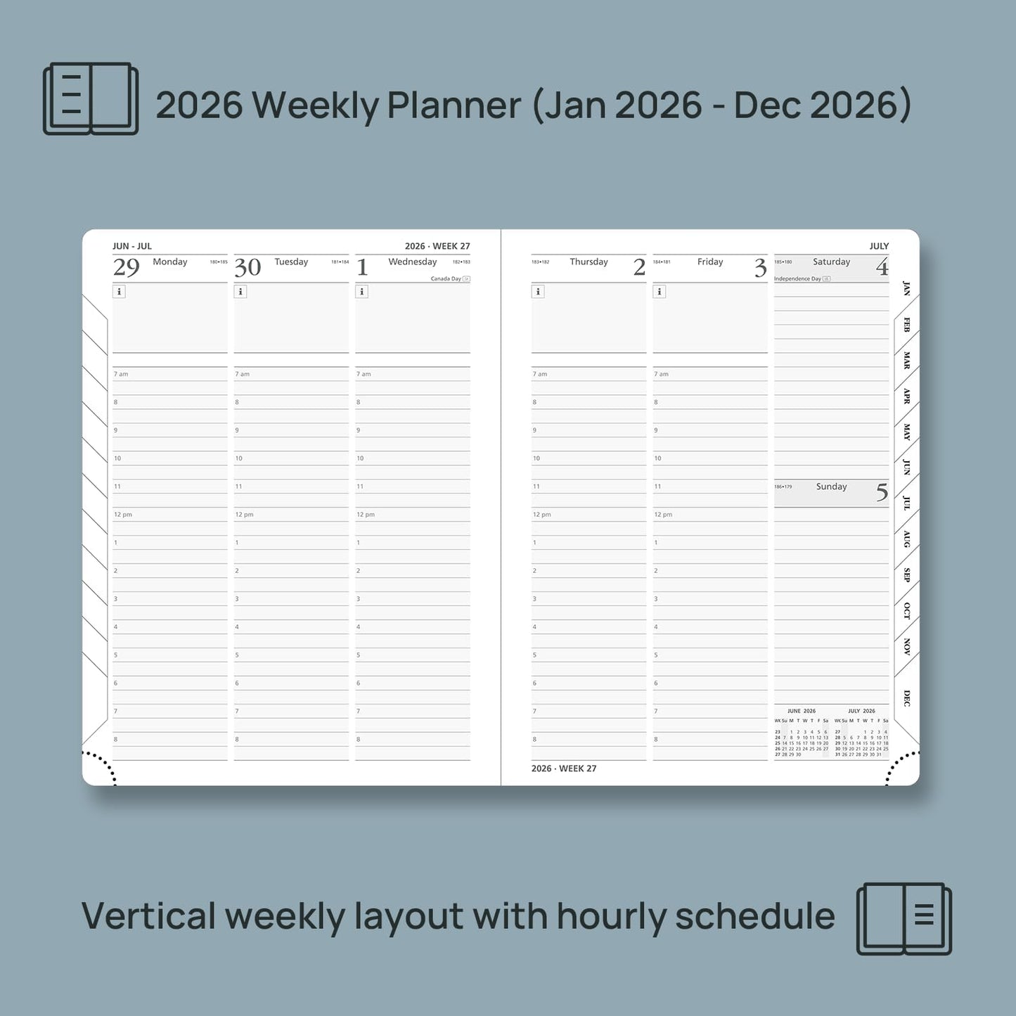 POPRUN 2026 Planner (Medium Size 8.5''x 6.5'' Hardcover) - Daily Weekly and Monthly Calendar Agenda 2026 Appointment Book with Hourly Time Slots, Monthly Tabs, 100 GSM - Pacific Green