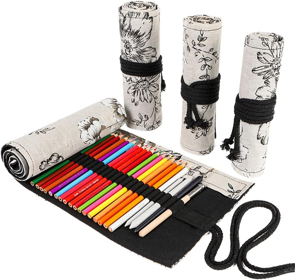 DIYOMR 24/36/72 Slots Pencil Wrap Pencil Rolls, Artist Colored Pencils Roll Up Bag Short Brushes Pouch Case Pencils Organizer for Drawing Coloring and Sketching (Peony Flower, 24slots)