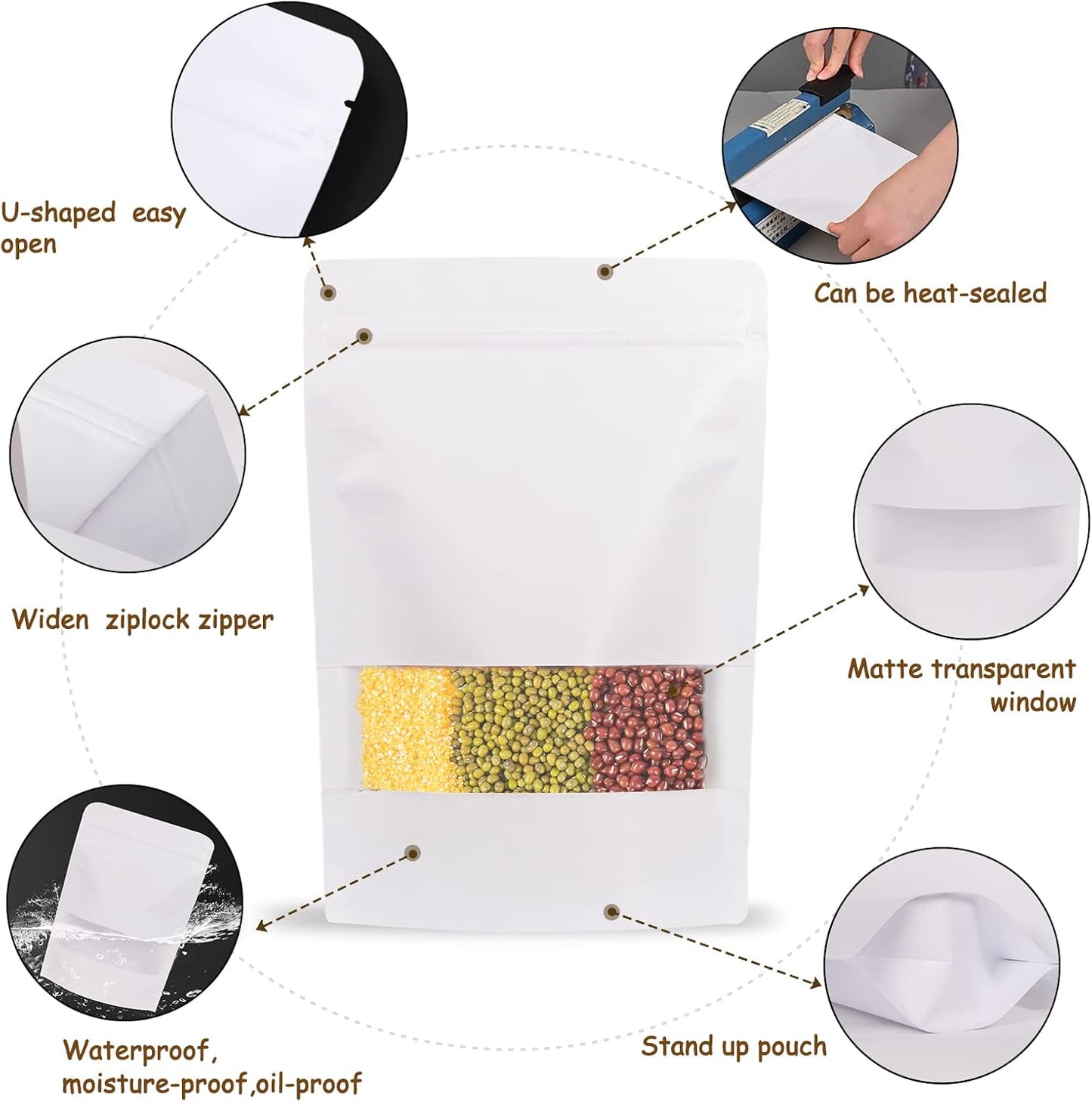 100pcs Kraft Bags with Window 7.1x10 Inches White Reusable Sealable Ziplock Food Storage Stand up Paper Pouches for Home or Business