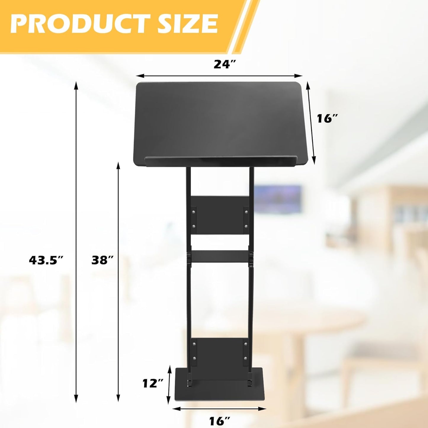 Podium Stand, Lecterns & Podiums, Acrylic Adjustable Angles with Metal Base, Podium for Church, Weddings, Classroom, Speech, 24" L x 16" W x 43.5" H, Black