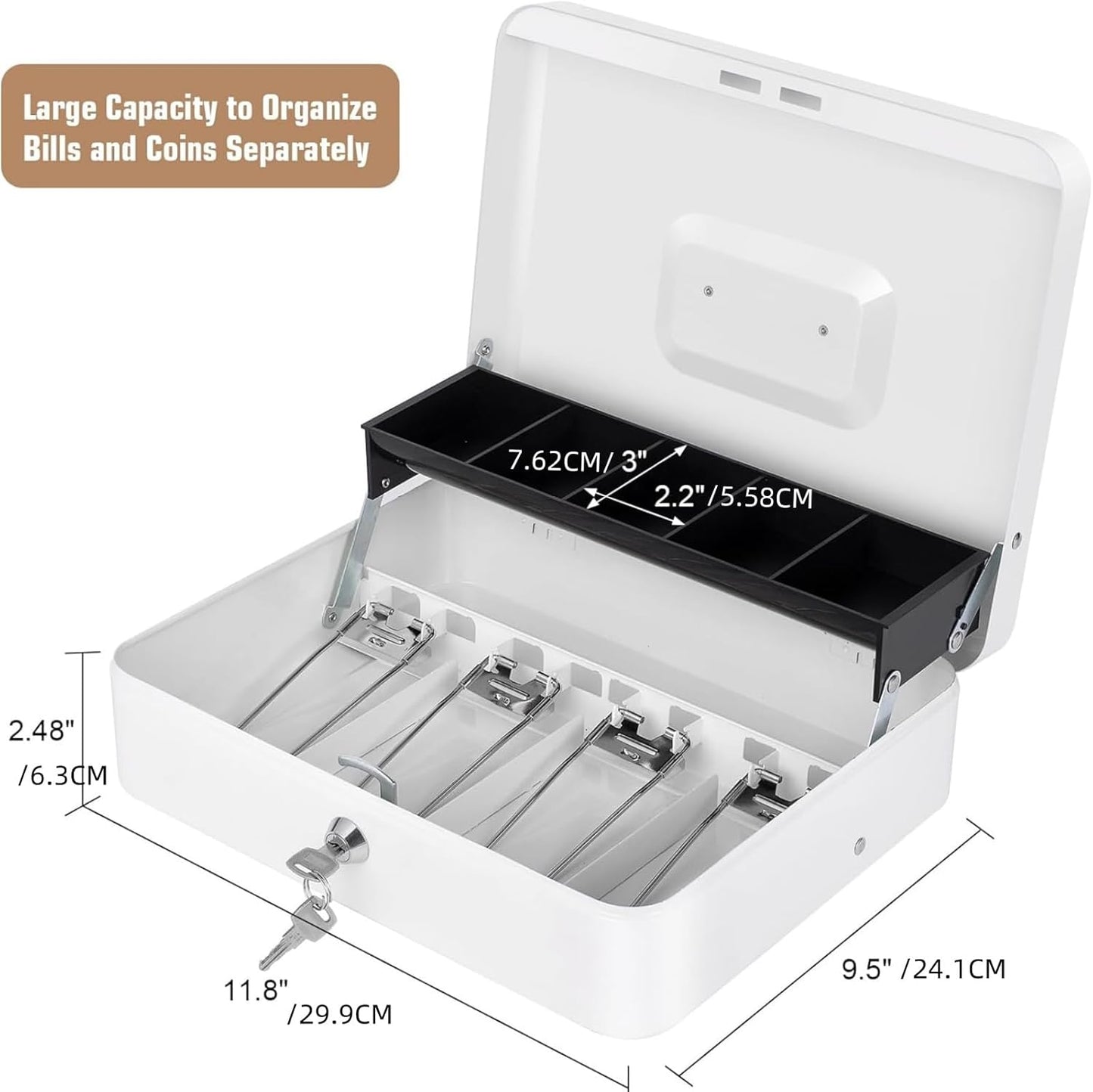 Cash Box with Money Tray and Key Lock, Large Metal Safe Money Box for Cash, Locking Money Saving Organizer, Lock Box for Money Storage 11.8"x9.45"x3.54" White XL Large