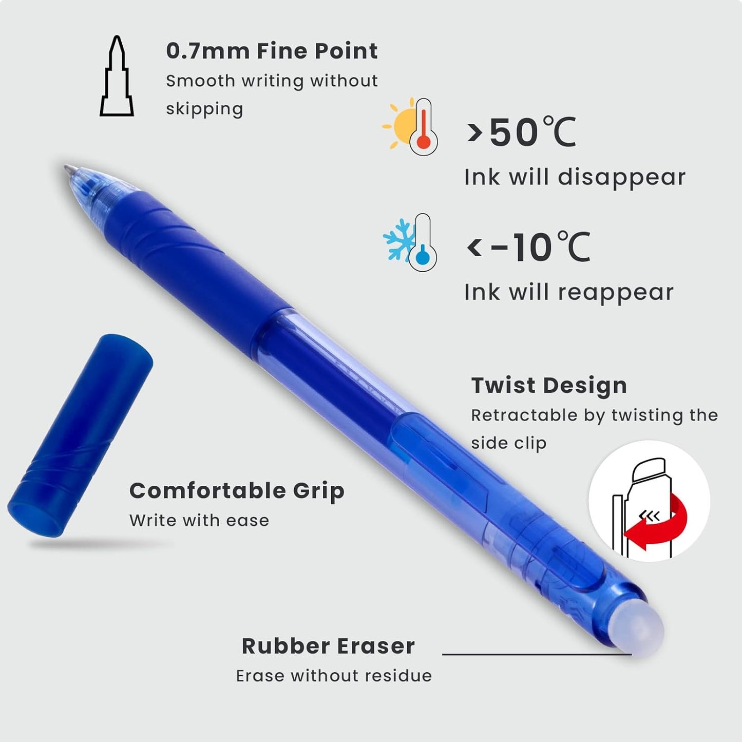 ParKoo Retractable Erasable Gel Pens 0.7mm, 12 Blue Twist Pens Fine Point, Make Mistakes Disappear, Smooth Writing with Comfortable Grip for Journaling Drawing Note Taking