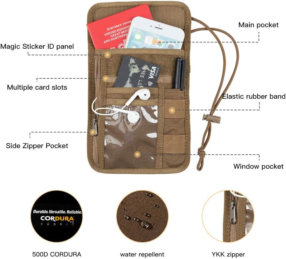 EXCELLENT ELITE SPANKER Passport Holder Neck Pouch RFID Blocking Travel Neck Wallet ID Card Organizer Pouch with Neck Lanyard(Coyote Brown)