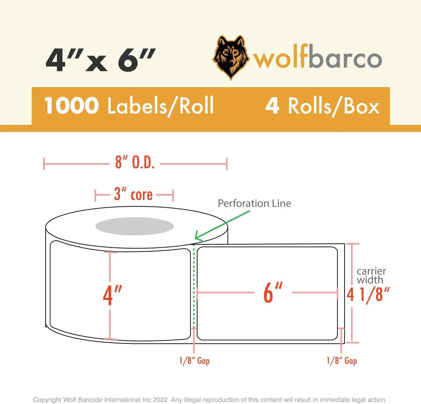 Direct Thermal (Heat Transfer) Paper Label/Industrial Grade 4"X 6" Yellow, with Perforation, 3" Core, 8" OD,1000 Pcs/Roll (4 Rolls per Box), Compatible with Zebra, Godex and Datamax Printers
