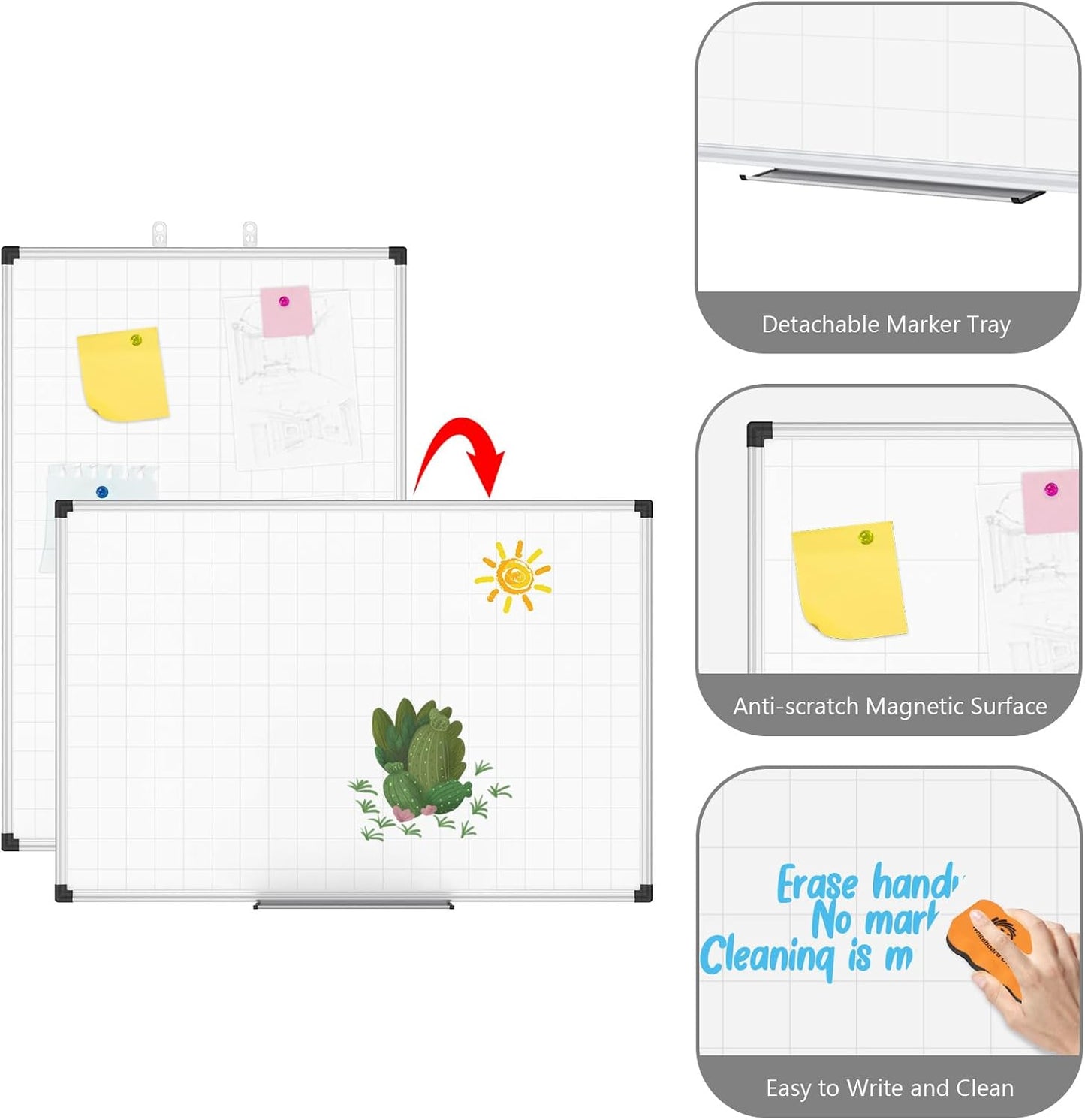 XBoard Magnetic Dry Erase Board with Lines 48 x 36 Inch, 4' x 3' Double Sided Hanging White Board Planner for Wall | Grid Lined White Board + Message Presentation Board