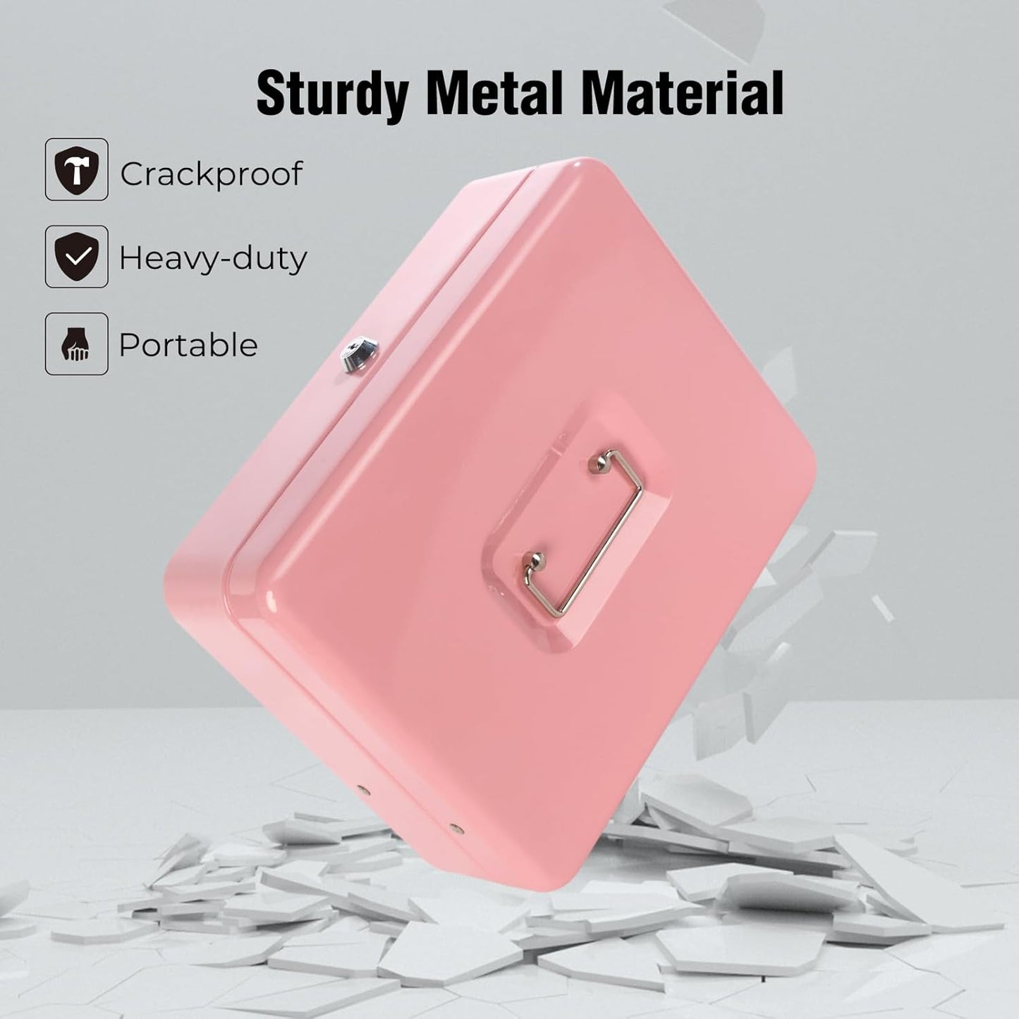 Cash Box with Money Tray and Key Lock, Money Box with Safe Locking, Money Saving Lock Box for Cash Register 11.8"x9.45"x3.54" Pink XL Large