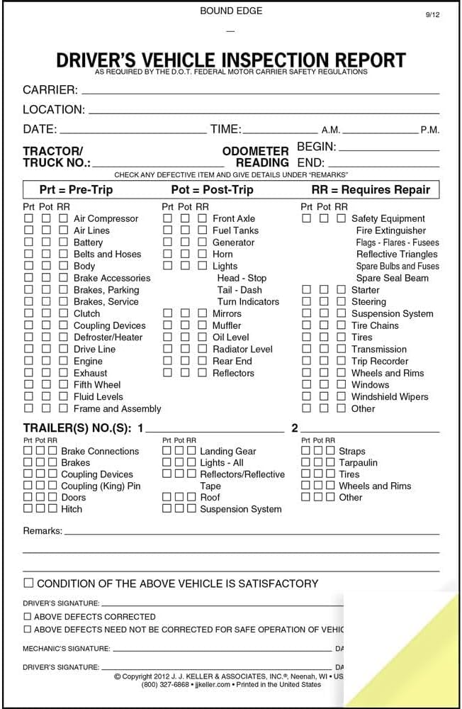 Detailed Driver's Vehicle Inspection Report (Pre- & Post-Trip) 25-pk.- Stapled Pack with 31 Sets, 2-Ply Carbonless, 5.5" x 8.5", Meet FMCSR Requirements, J. J. Keller & Associates, Inc.