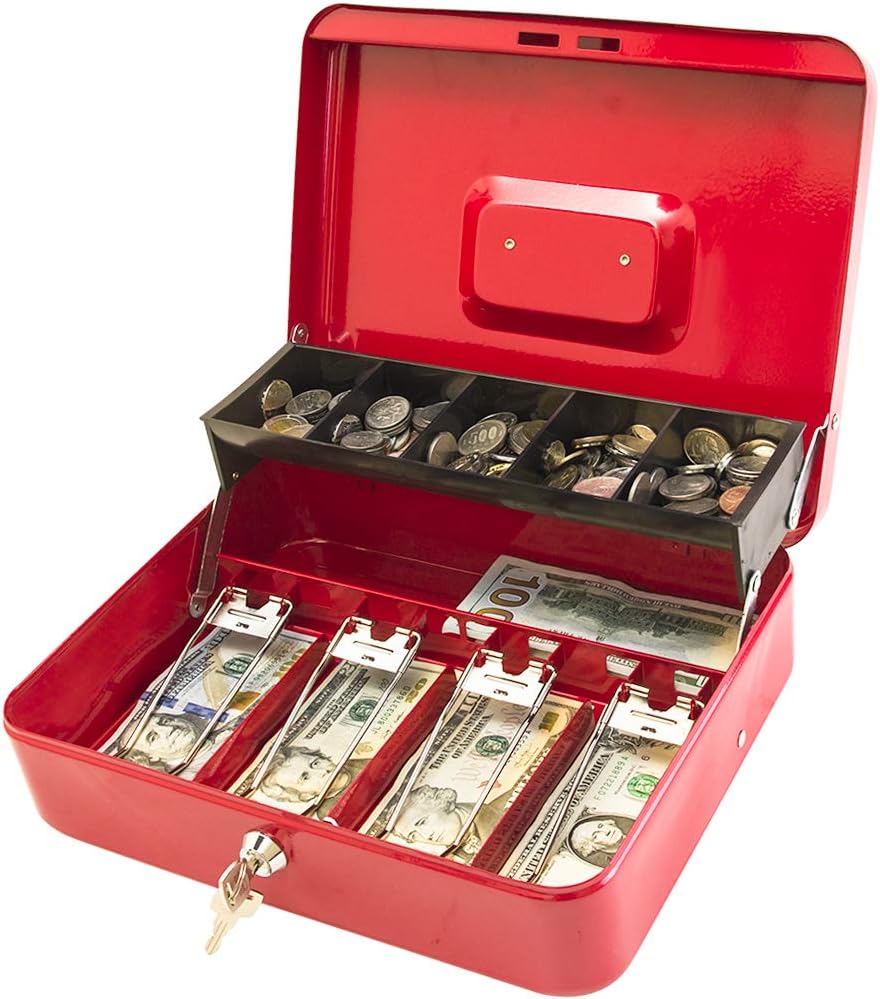 KYODOLED Locking Cash Box with Lock,Money Box with Cash Tray,Lock Safe Box with Key,Money Saving Organizer,11.81Lx 9.45Wx 3.54H Inches,Red XL Large