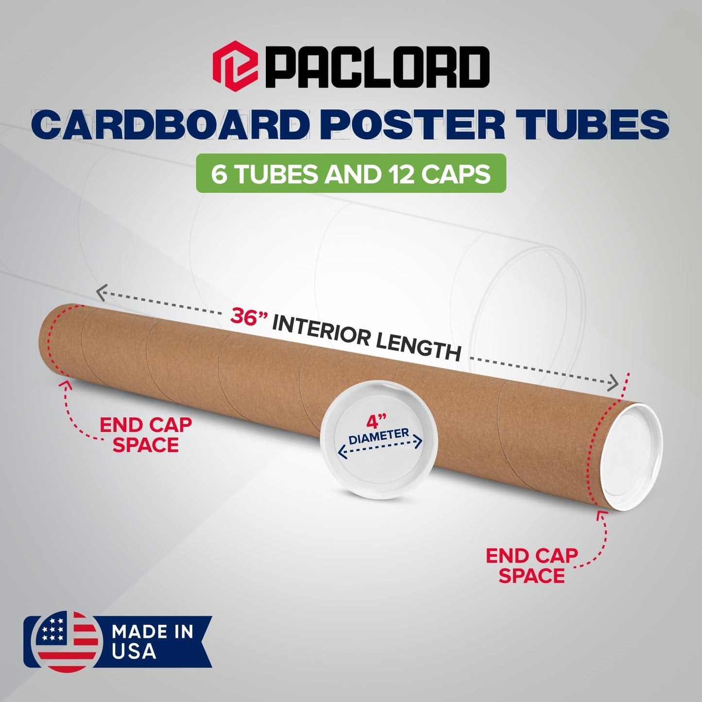 4" x 36" Reinforced Kraft Paper Mailing Tubes, Pack of 6 Tubes with 2 Caps Each – USPS Approved Poster Tube – Made in USA Cardboard Tube for Shipping and Storing Posters, Prints, Artwork, or Documents