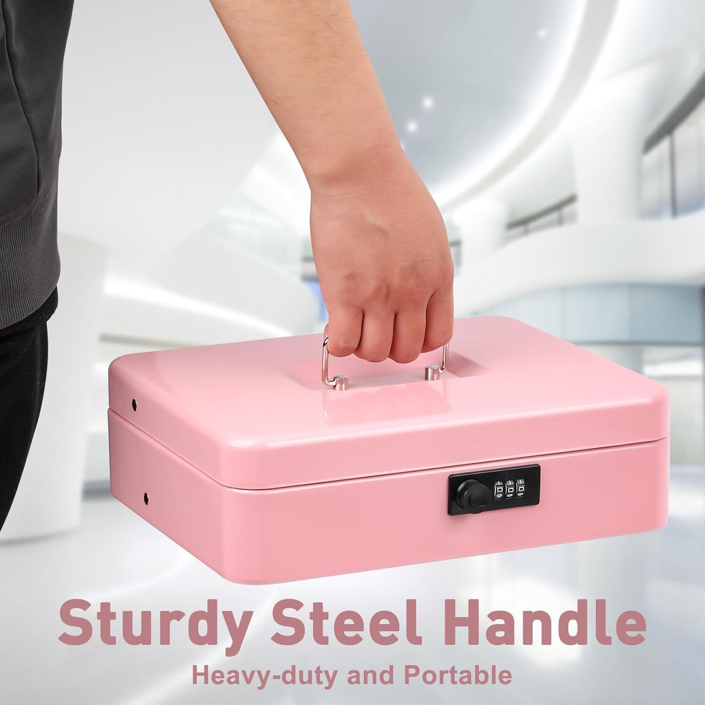 Kyodoled Locking Money Box with Combination Lock, Metal Cash Box with Money Tray, Cash Register,5 Compartments Cantilever Tray 4 Spring Loaded Clips,11.81Lx 9.45Wx 3.54H Inches Pink X Large