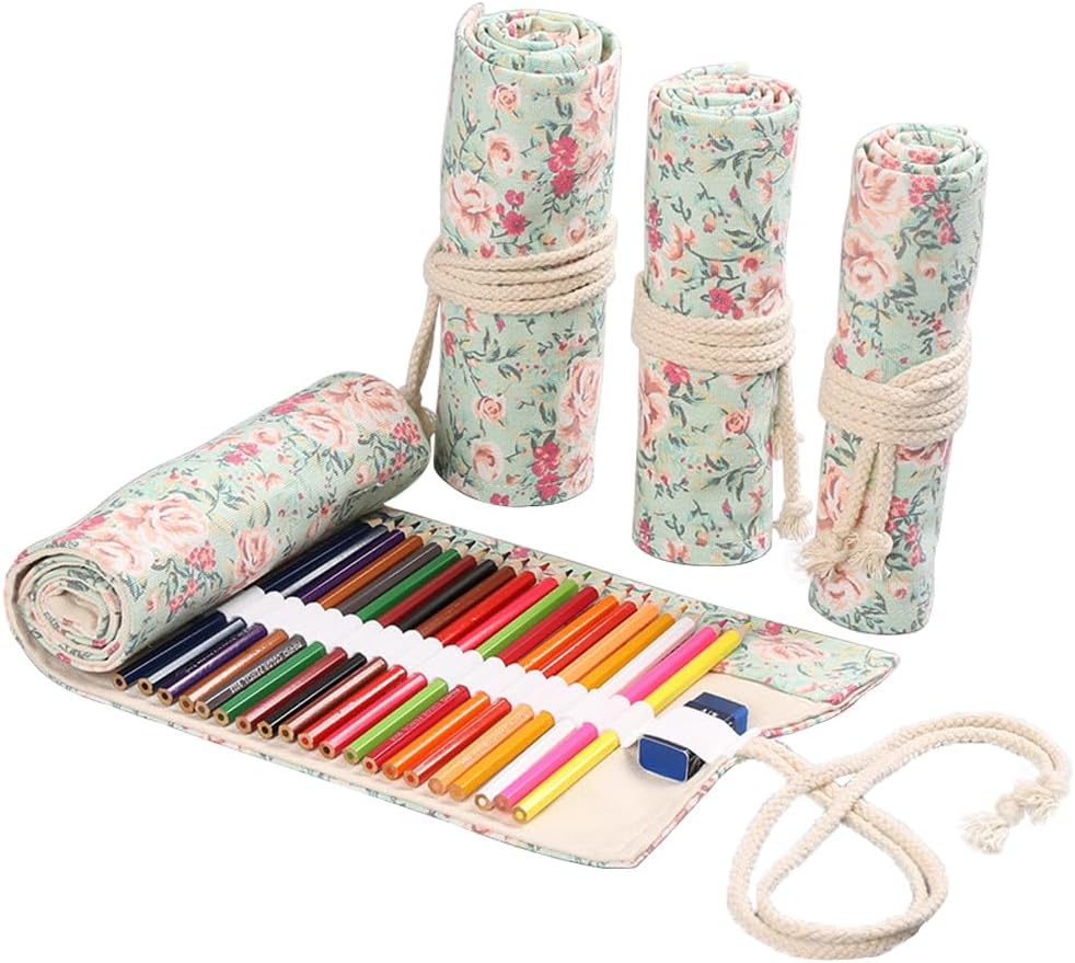 DIYOMR 24/36/72 Slots Pencil Wrap Pencil Rolls, Artist Colored Pencils Roll Up Bag Short Brushes Pouch Case Pencils Organizer for Drawing Coloring and Sketching (Small Floral, 36slots)