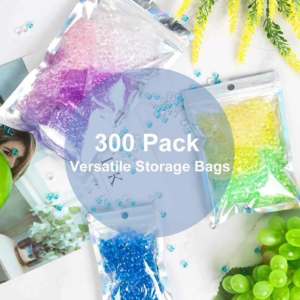 300 Pack 3 Sizes Resealable Mylar Bags Food Storage Smell Proof Bags with Front Window Packaging Pouch for Sample Snack Cookies Jewelry (Holographic, 3 x 4.7 inch,4 x 6 inch,4.7 x 7.9 inch)