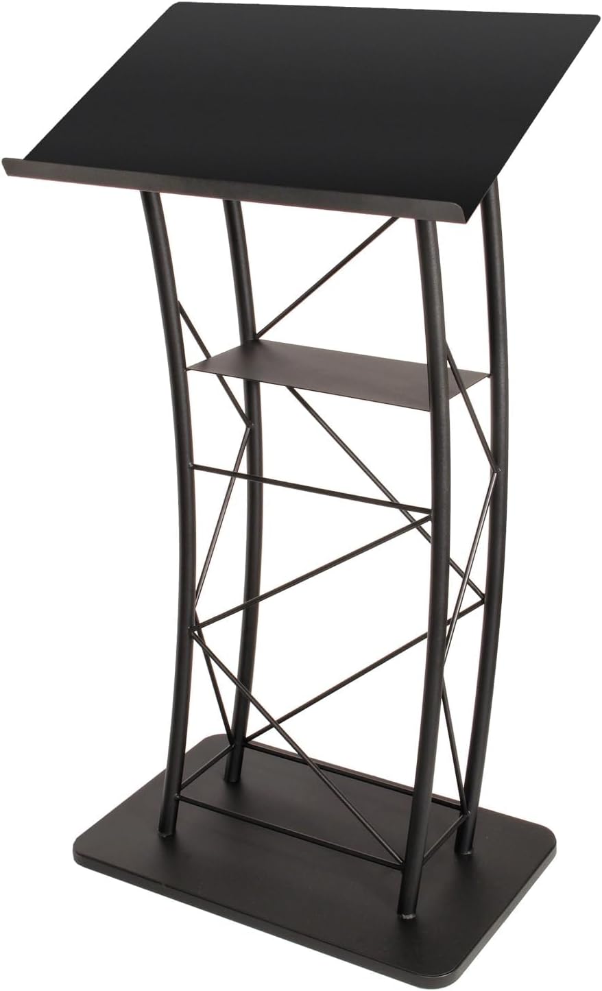 Kingdom KMLSTL Large Curved Metal Lectern, Podium or Pulpit with Durable Powder Coat Finish and a Built-in Shelf - Black