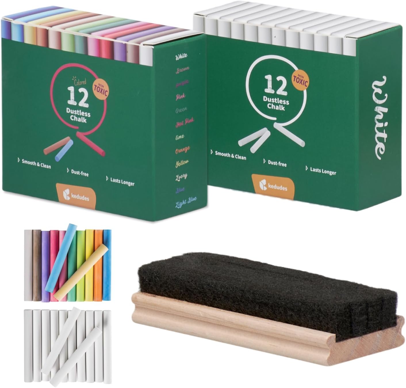 Kedudes Dustless Chalk with Eraser, 24pk - 12 Colored Chalkboard Chalks and 12 White Chalk for Chalkboard and Board Erasers Set - Blackboard Chalks and Eraser with Wooden Handle