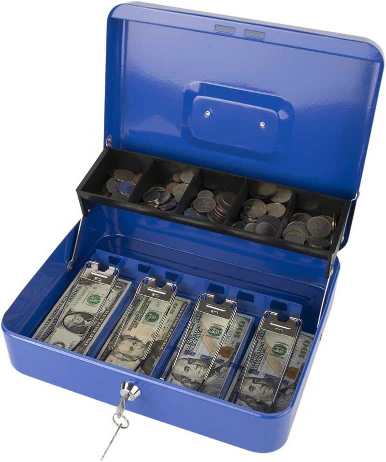 KYODOLED Locking Cash Box with Lock,Money Box with Cash Tray,Lock Safe Box with Key,Money Saving Organizer,11.81Lx 9.45Wx 3.54H Inches,Blue XL Large