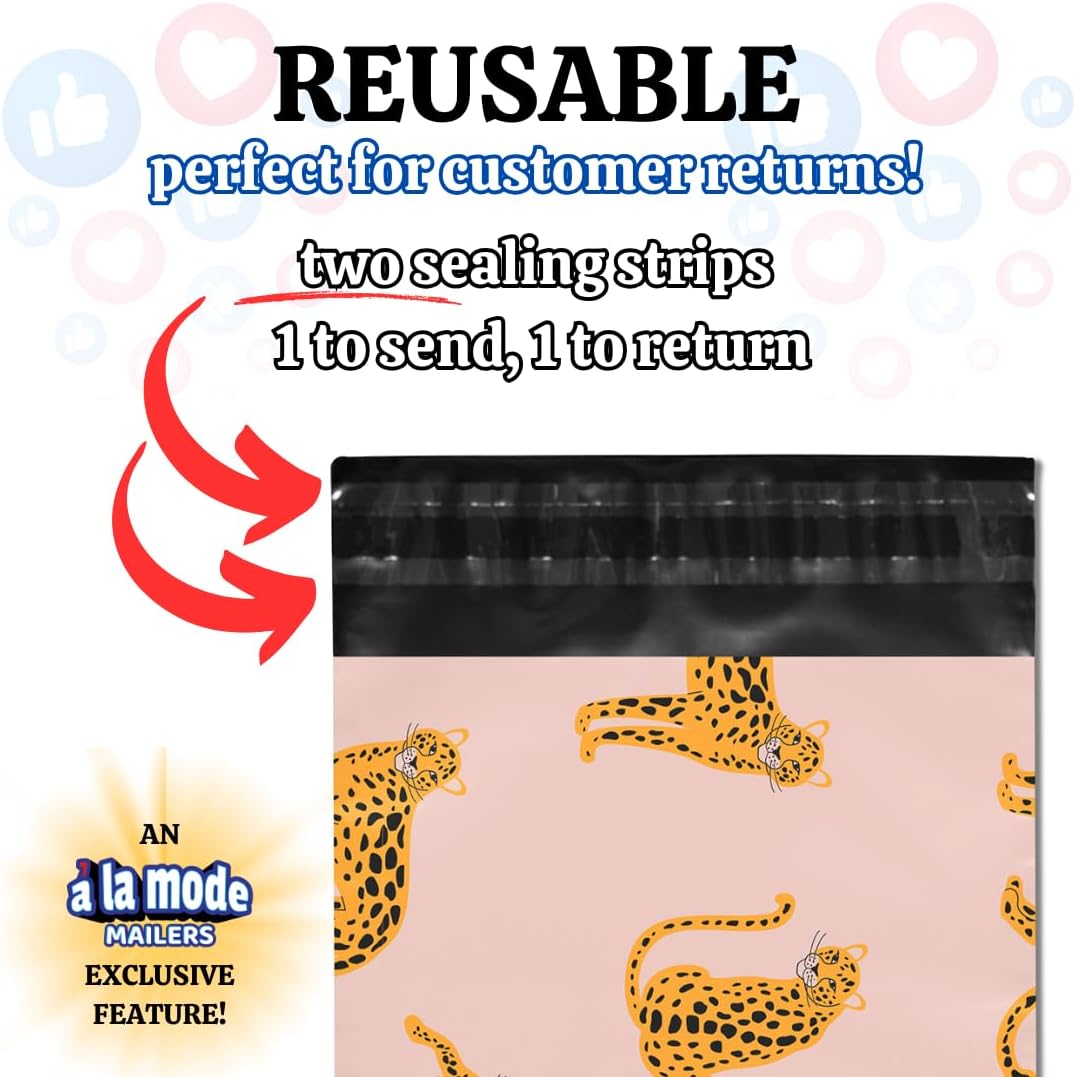 Poly Mailers 10x13 100 Pack | Self-Sealing Shipping Bags Envelopes for Small Business | Waterproof Durable Packaging | Strawberry Safari | Pink Cheetah Animal | à la mode Mailers