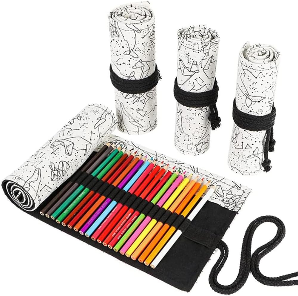DIYOMR 12/24/36/72 Slots Pencil Wrap Pencil Rolls, Artist Colored Pencil Roll Up Bag Short Brush Pouch Organizer for Drawing Coloring and Sketching, No Pencils (White Starry Sky, 12slots)