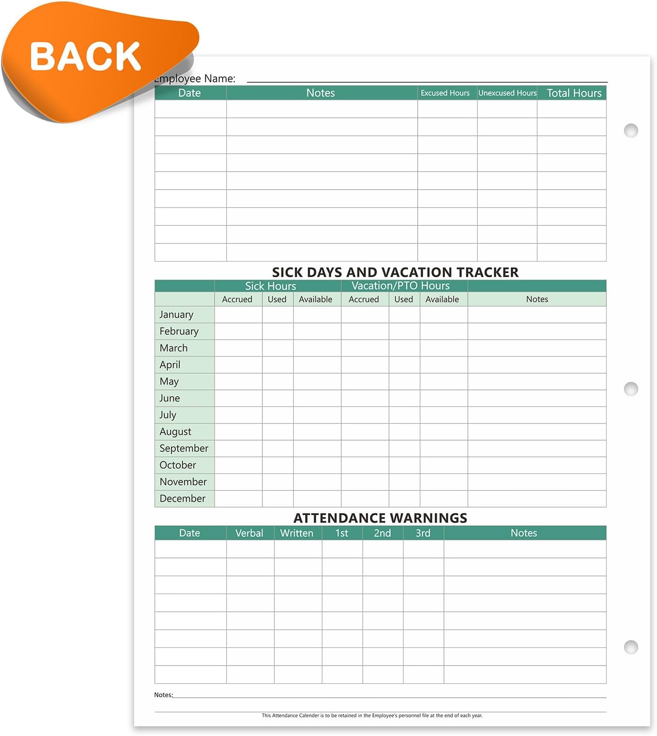 2026 Attendance Calendar - Record Employee Work Tracker Attendance Cards - Each Sheet 8.5 X 11 100lb CardStock Paper Make (25 Sheets -Green)