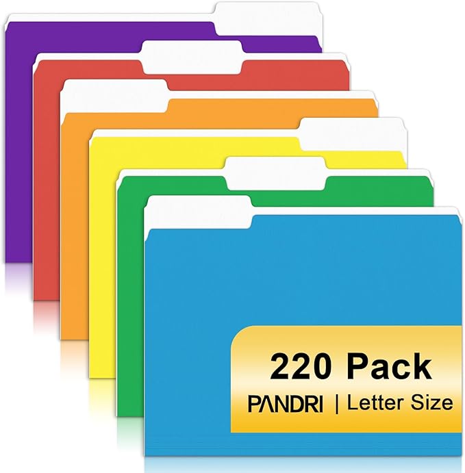 File Folder, PANDRI 220 Pack Colored File Folder, 1/3 Cut Tabs, Letter Size by PANDRI